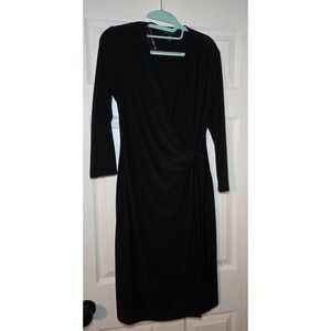 Black Label‎ By Evan-Picone Woman's Black Faux Wrap Dress Size 8 Stretch V neck